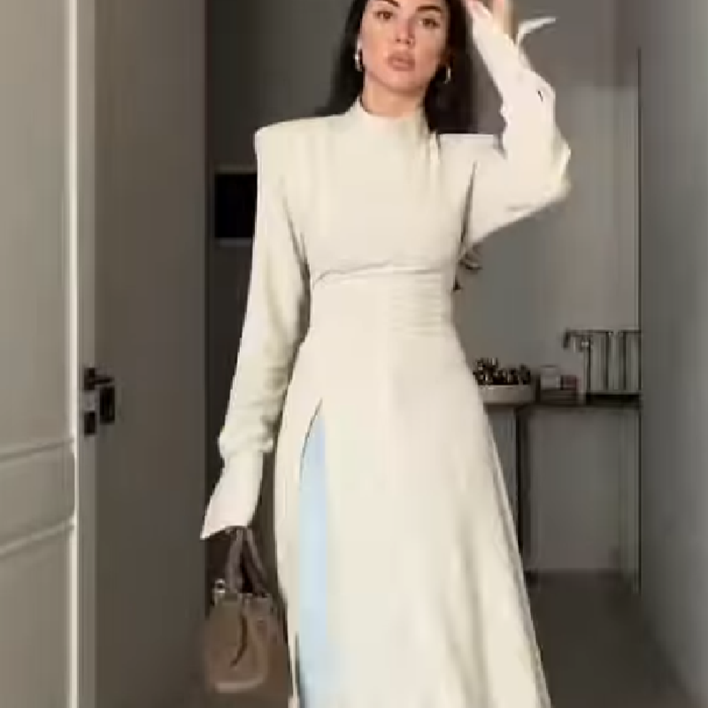 Women Formal Wear Office - Kadınlar İçin Zarif Yüksek Yaka Uzun