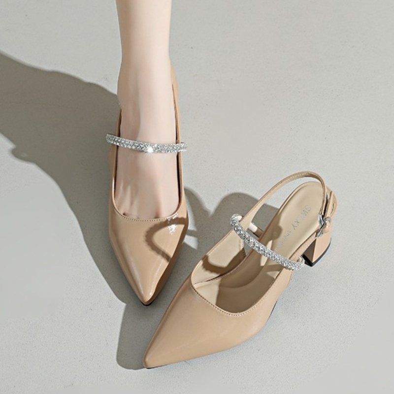 Formal Women Daily Wear Sandals - Kadınlar için Kare Burunlu, Taşlı Bilek